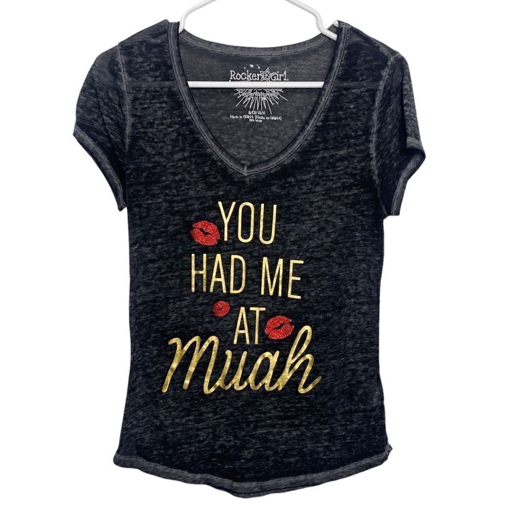 Rocker Girl You Had Me at Muah Short Sleeve Shirt Black Gold Size Small